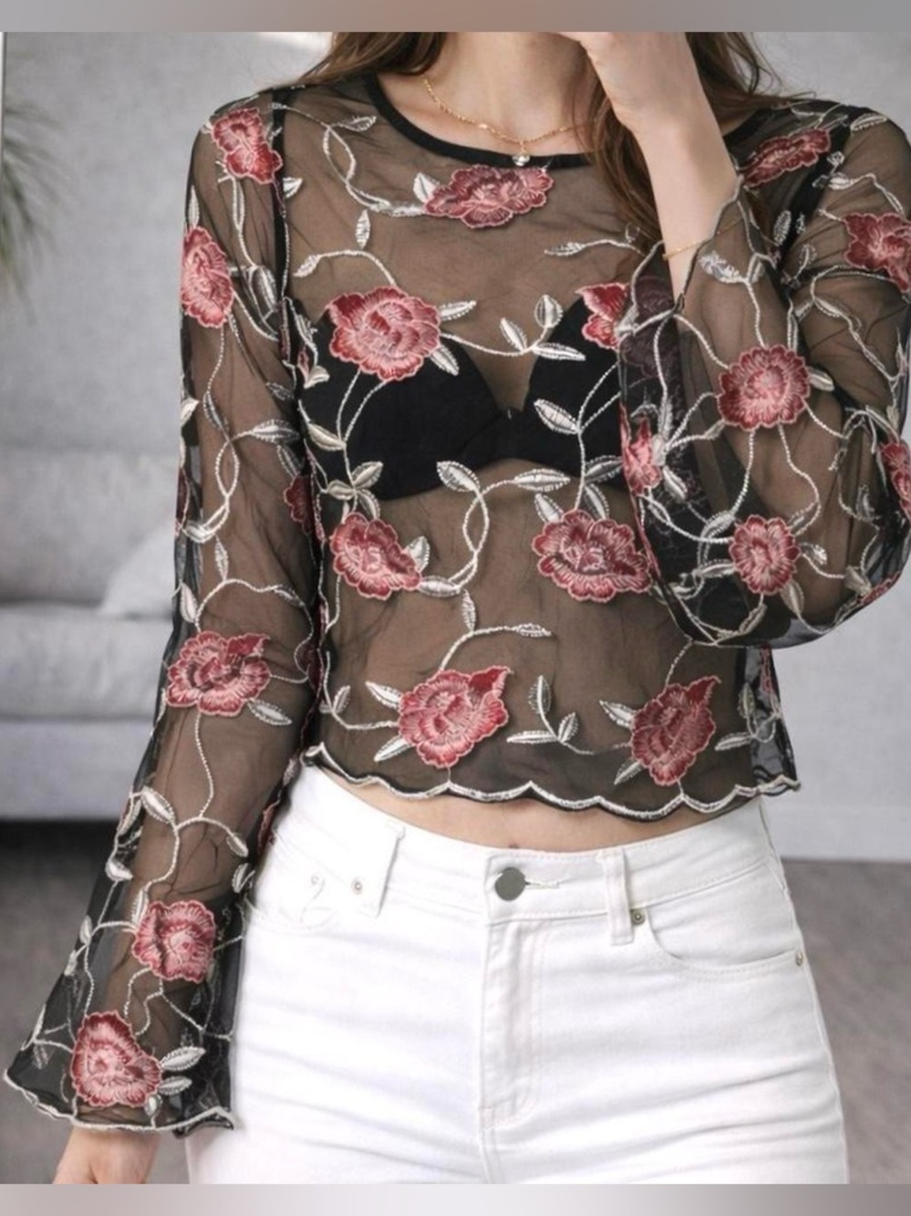 Women Black Mesh Flower Embroidered Long Bell Sleeve